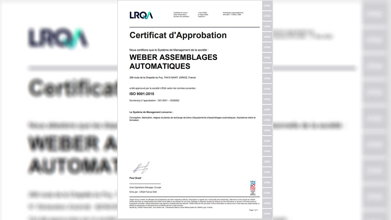 Certificat DApprobation WEBER Assemblages Automatiques